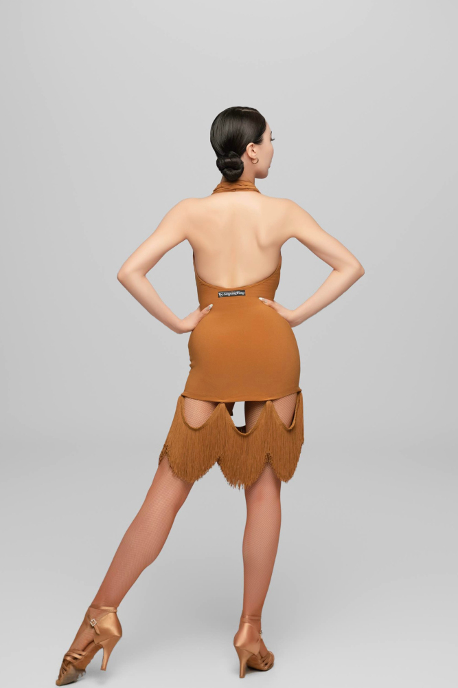 Halter Neck Dress with Removable Fringe (Caramel)