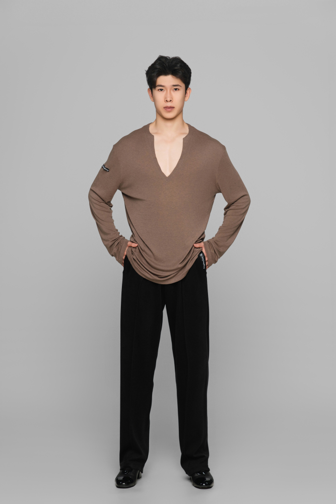 Frayed Hem V-Neck Top For Men (Milk Tea)