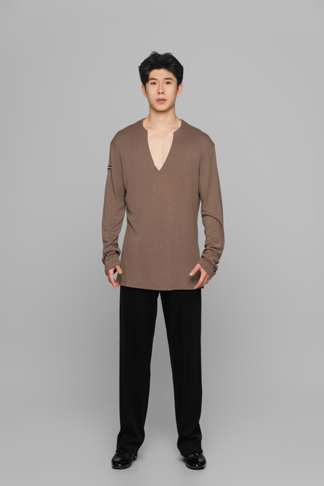 Frayed Hem V-Neck Top For Men (Milk Tea)