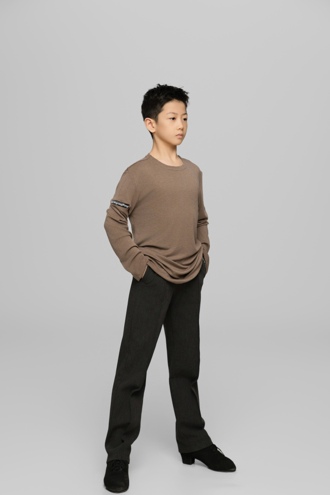 Frayed Hem Round Neck Top For Boys (Milk Tea)