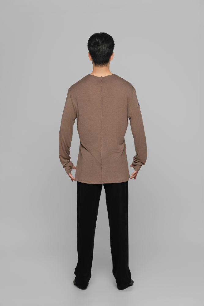 Frayed Hem Round Neck Top For Men (Milk Tea)