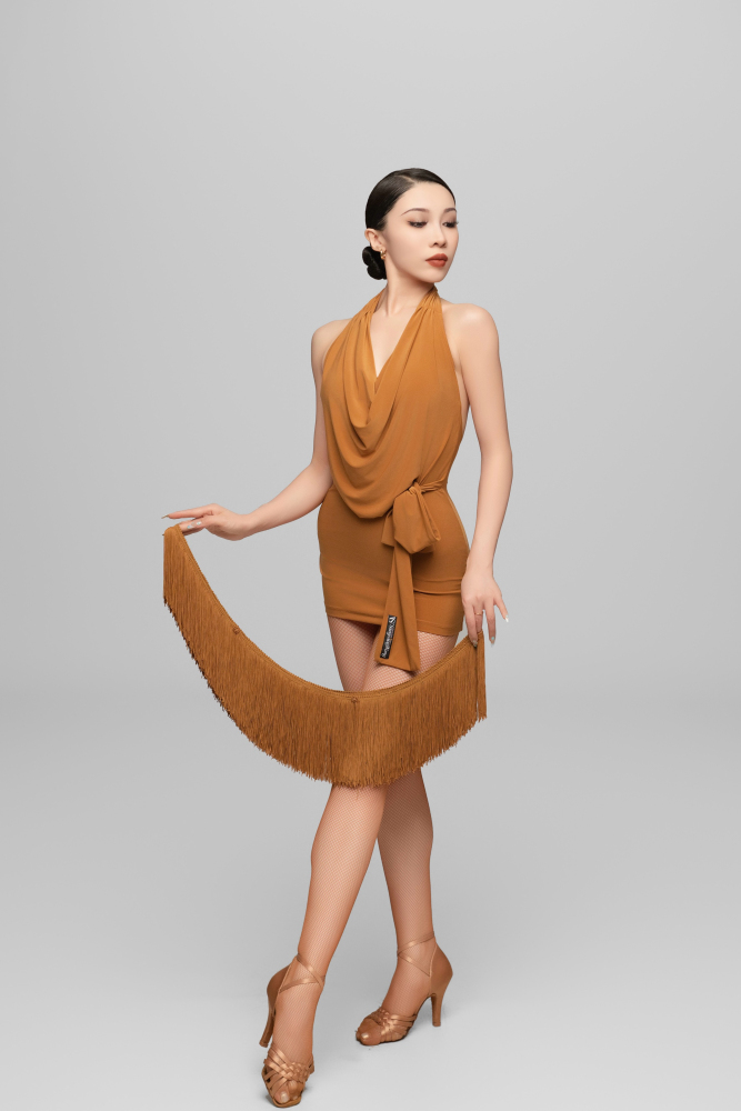 Halter Neck Dress with Removable Fringe (Caramel)