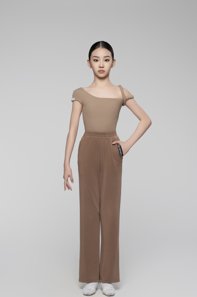 Ultra-Fine Ribbed Asymmetrical Shoulder Twisted Cord Bodysuit For Girls (Nude)