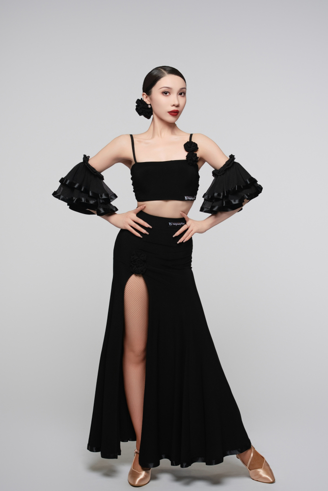 Floral Slit Ballroom Skirt Dress (Red/ With Arm Cuffs)