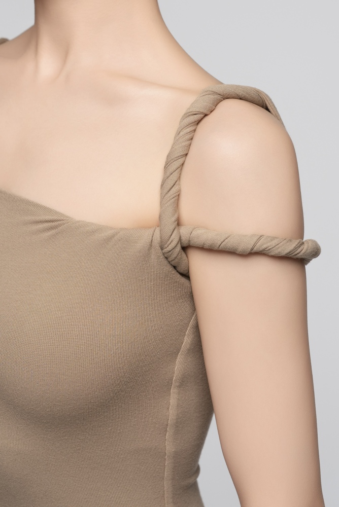 Ultra-Fine Ribbed Asymmetrical Shoulder Twisted Cord Bodysuit For Women (Nude)