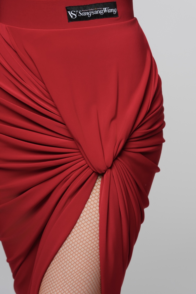 Red Wrapped Pleated Asymmetrical Skirt (Red)