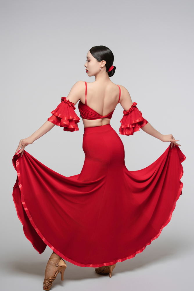 Floral Slit Ballroom Skirt Dress (Red/ With Arm Cuffs)