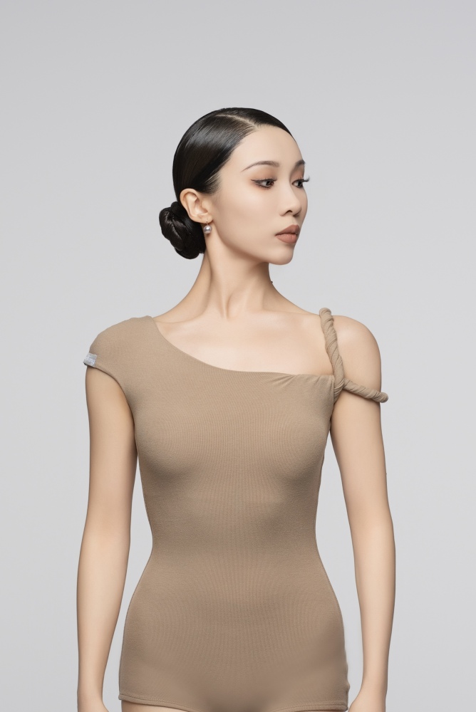 Ultra-Fine Ribbed Asymmetrical Shoulder Twisted Cord Bodysuit For Women (Nude)