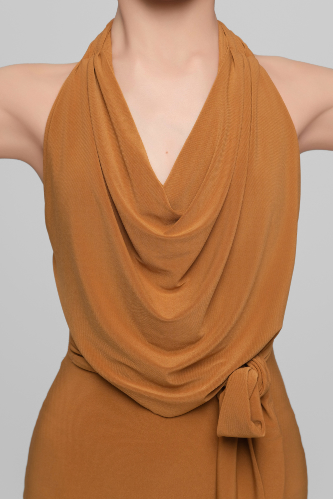 Halter Neck Dress with Removable Fringe For Girls (Caramel)