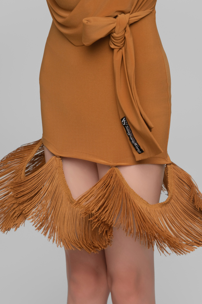 Halter Neck Dress with Removable Fringe For Girls (Caramel)