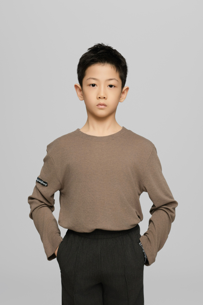 Frayed Hem Round Neck Top For Boys (Milk Tea)