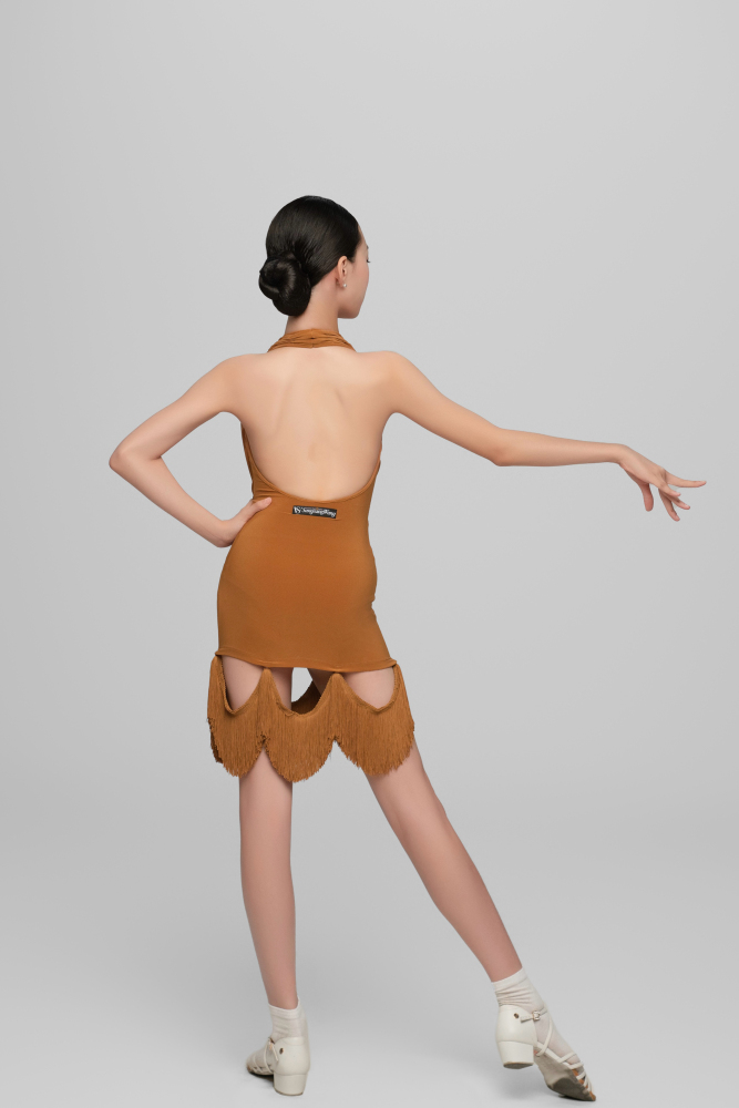 Halter Neck Dress with Removable Fringe For Girls (Caramel)