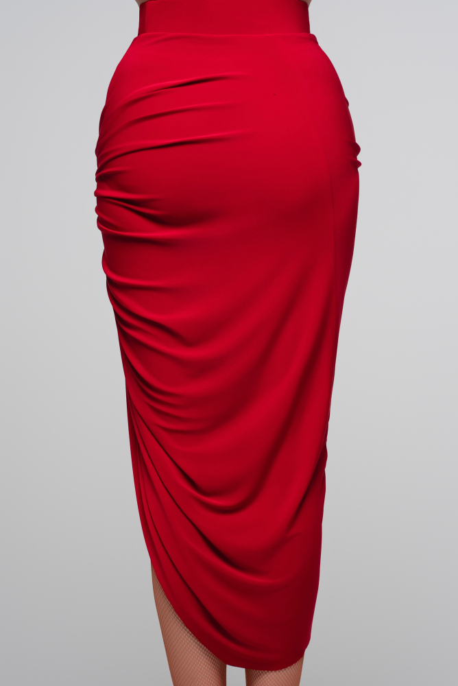 Red Wrapped Pleated Asymmetrical Skirt (Red)