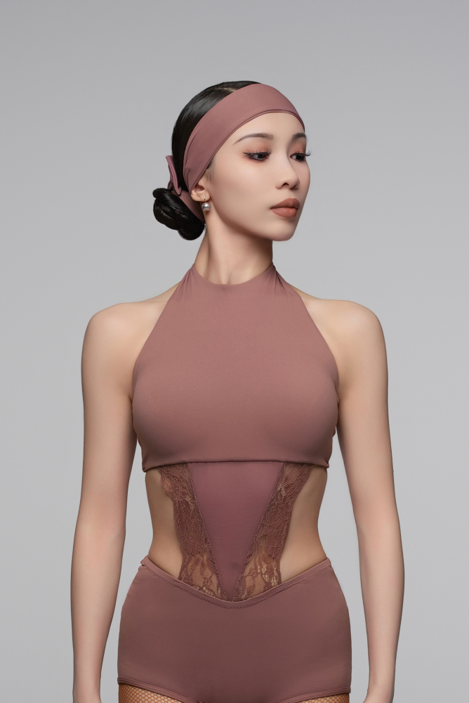 Lace Halter Bodysuit with Waist Cutout for Women (Rose/ With Headband)
