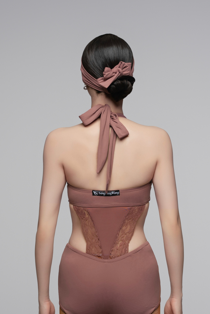 Lace Halter Bodysuit with Waist Cutout for Women (Rose/ With Headband)