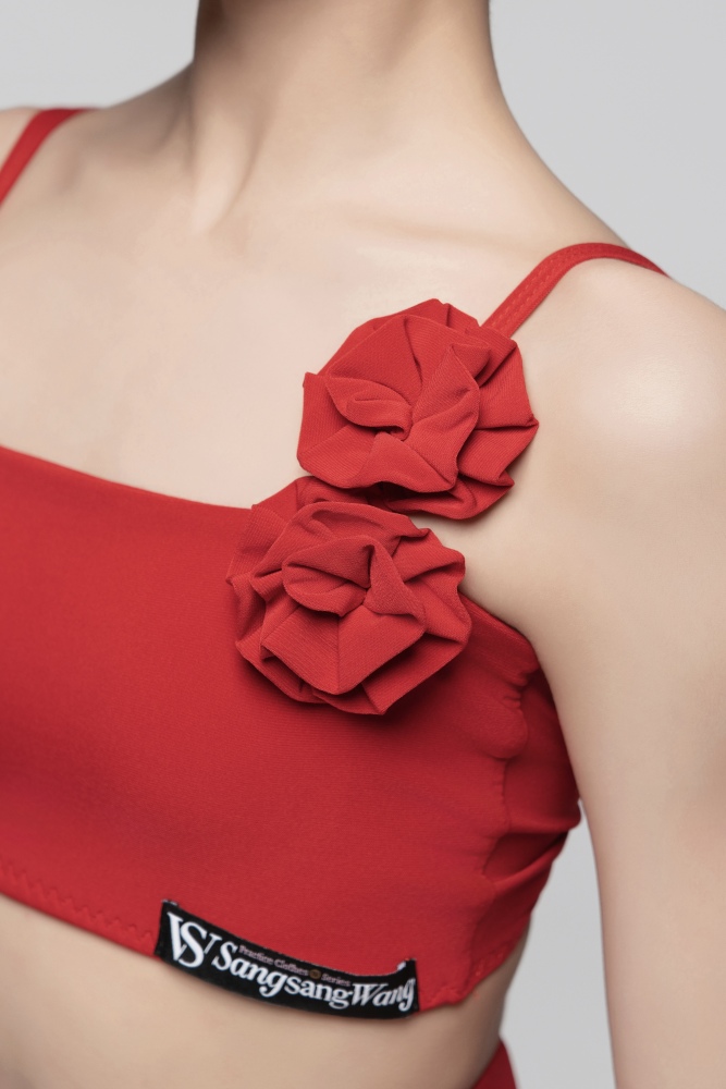 Floral Twisted Strappy Top For Girls (Red/ With Hair Accessories)
