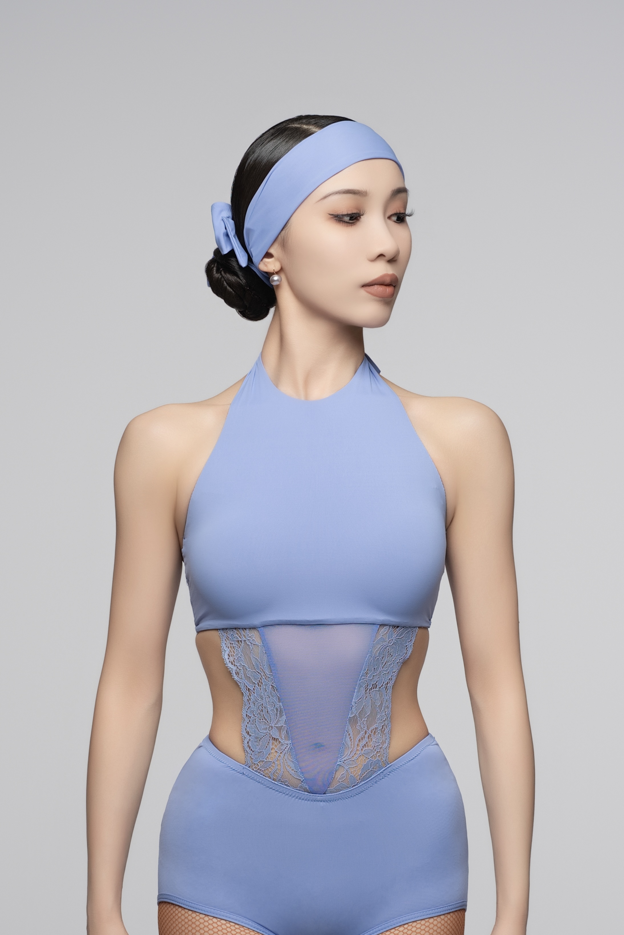 Lace Halter Bodysuit with Waist Cutout for Women (Rose/ With Headband)