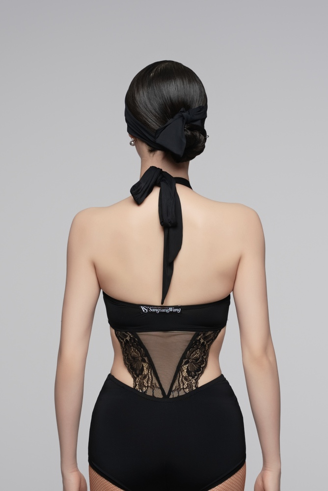 Lace Halter Bodysuit with Waist Cutout for Women (Rose/ With Headband)