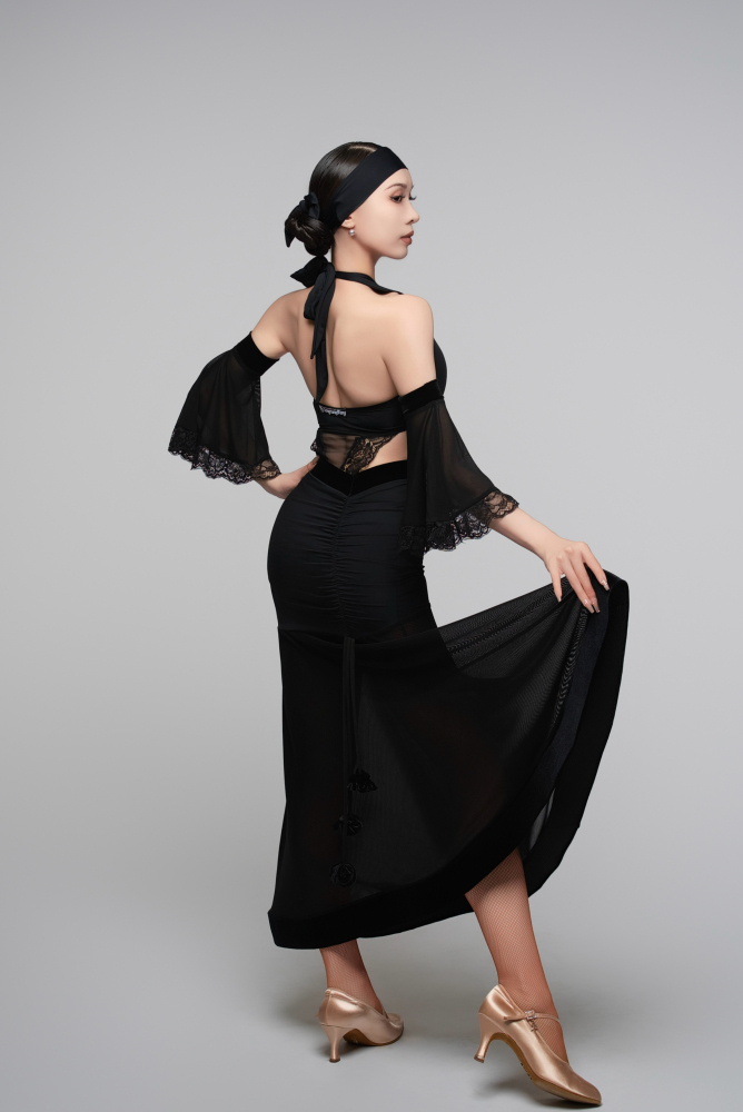 V-Back Ballroom Skirt With Rose Pendant For Women (Rose)