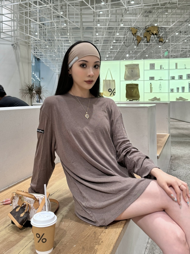 Frayed Hem Round Neck Top For Women (Milk Tea)