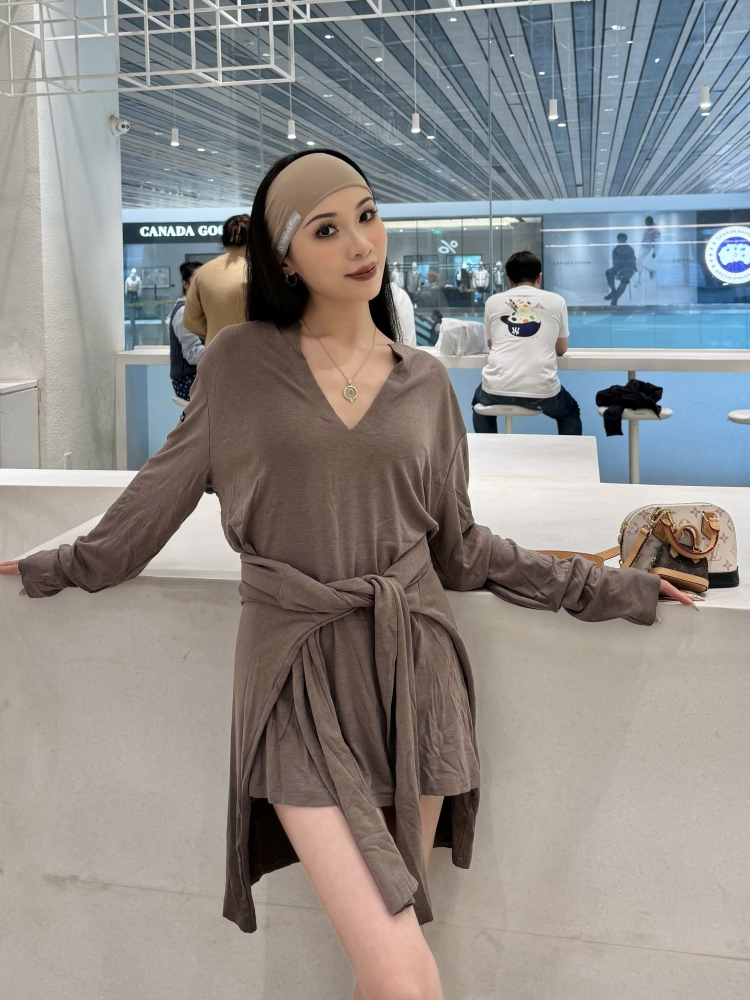 Frayed Hem V-Neck Top For Women (Milk Tea)