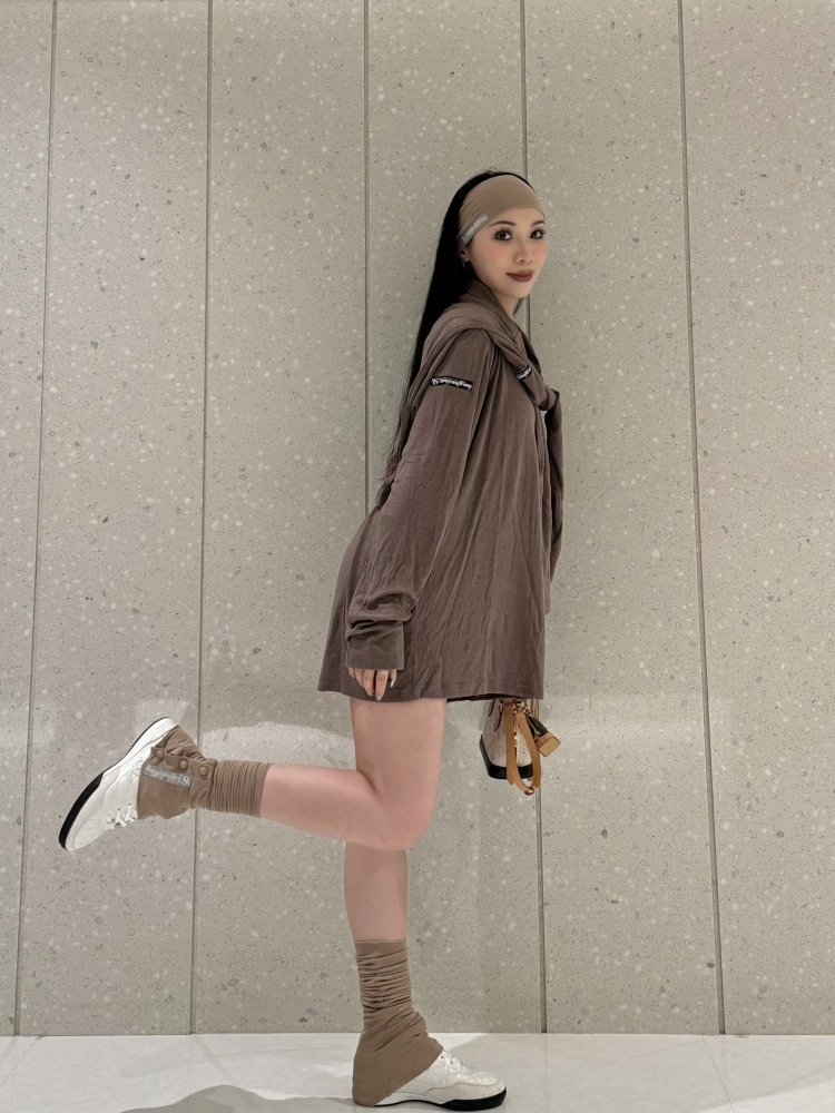 Frayed Hem Round Neck Top For Women (Milk Tea)