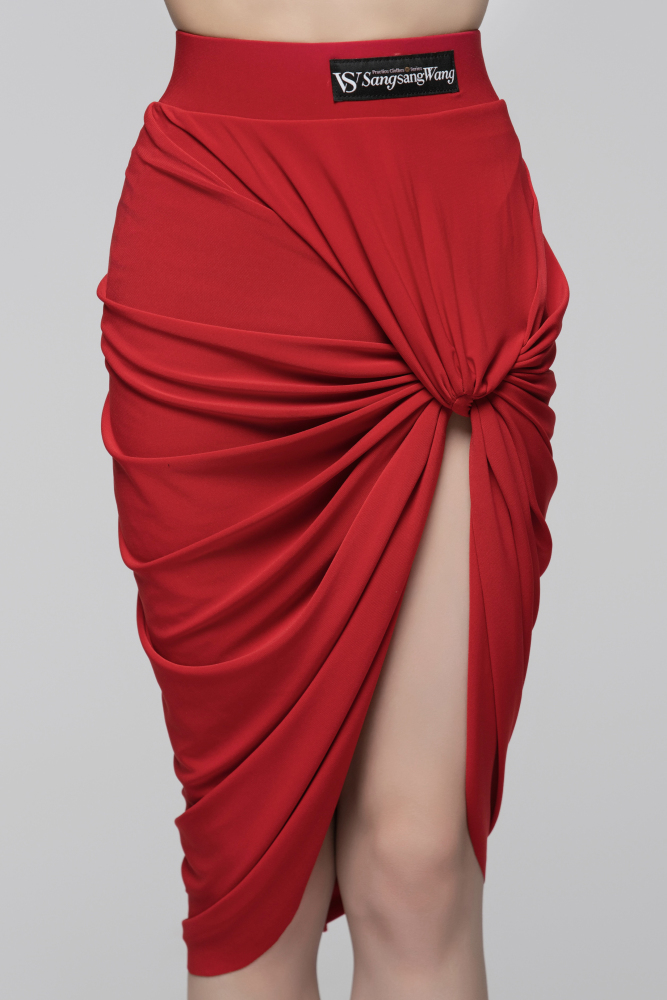 Red Wrapped Pleated Asymmetrical Skirt (Red)