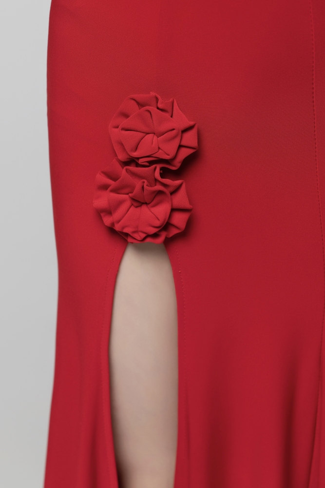 Floral Slit Ballroom Skirt Dress (Red/ With Arm Cuffs)