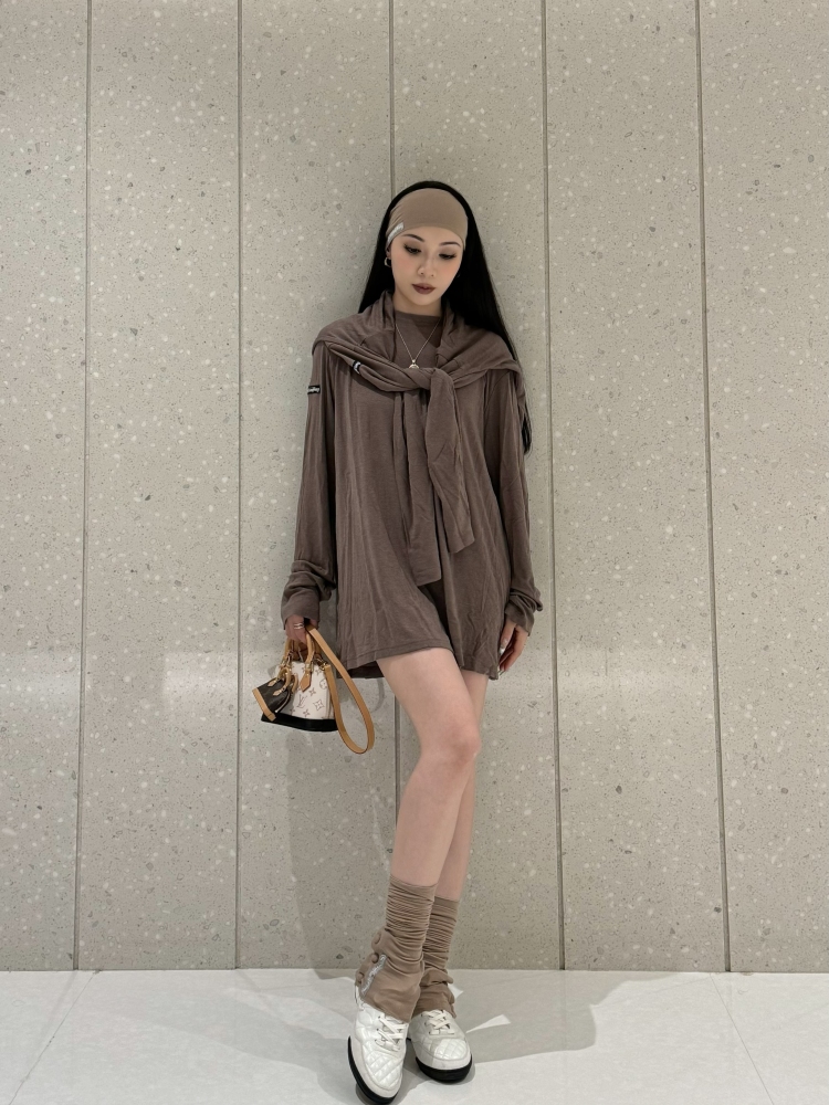 Frayed Hem Round Neck Top For Women (Milk Tea)