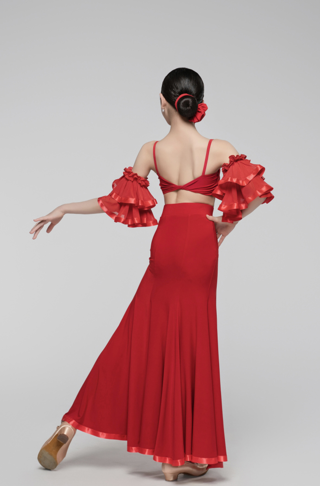 Floral Slit Ballroom Skirt Dress (Red/ With Arm Cuffs)