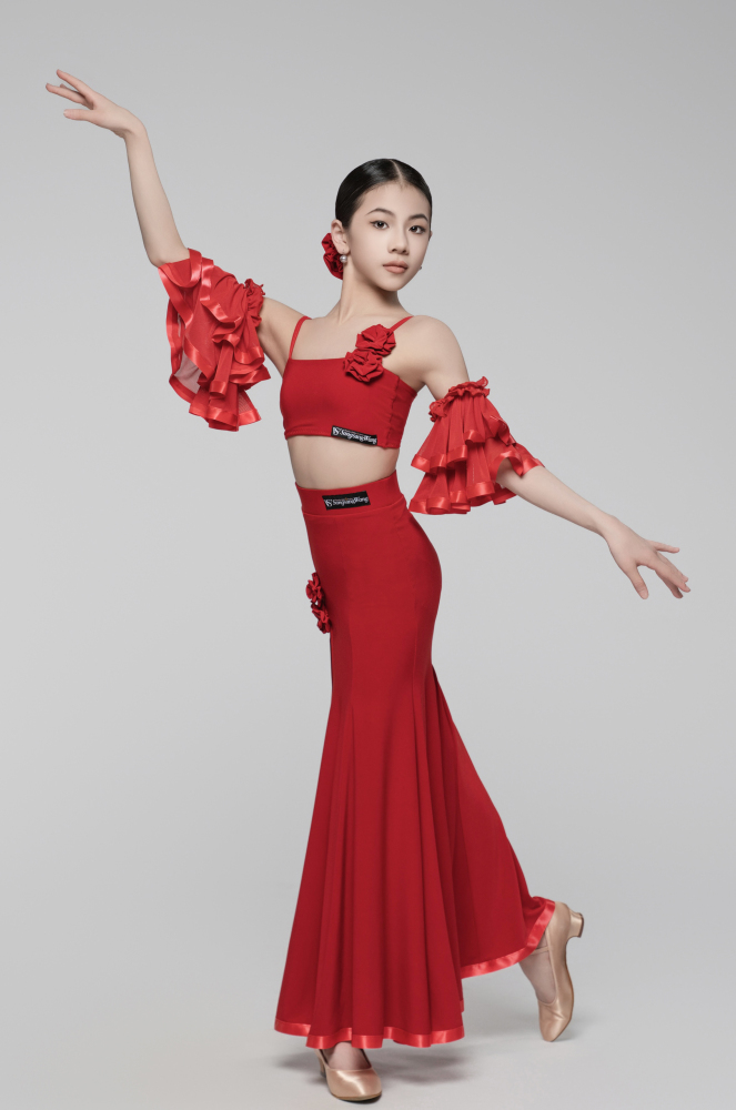 Floral Slit Ballroom Skirt Dress (Red/ With Arm Cuffs)