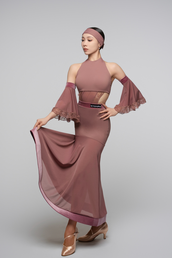 V-Back Ballroom Skirt With Rose Pendant For Women (Rose)