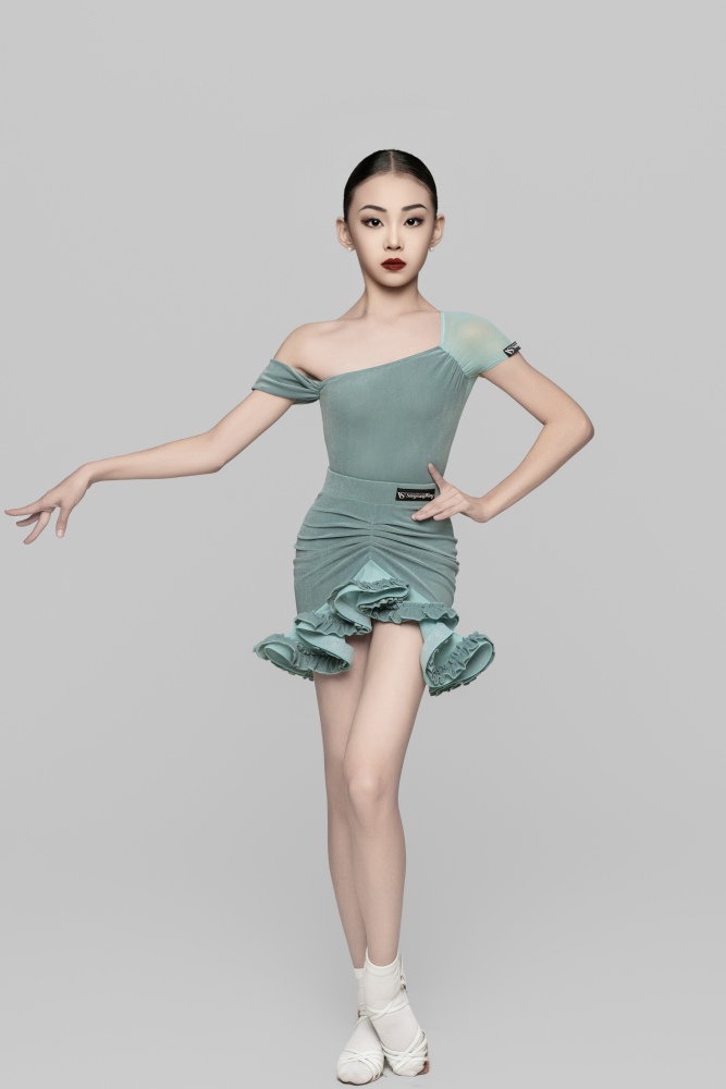 女童丝绒拼接纱网不规则无袖连体衣（绿色）