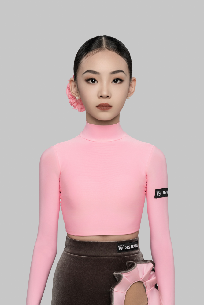 女童高领长袖系带短款上衣（含发饰 / 芭比粉）