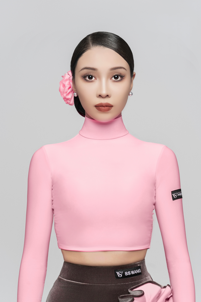 女士高领长袖系带短款上衣（含发饰/芭比粉/咖灰撞粉）