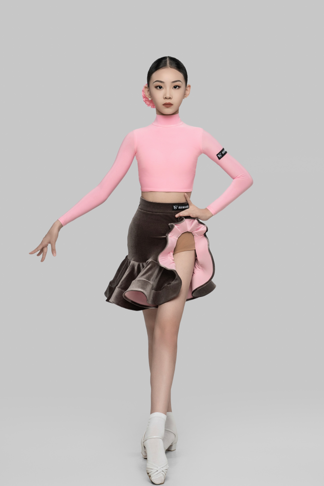 女童高领长袖系带短款上衣（含发饰 / 芭比粉）