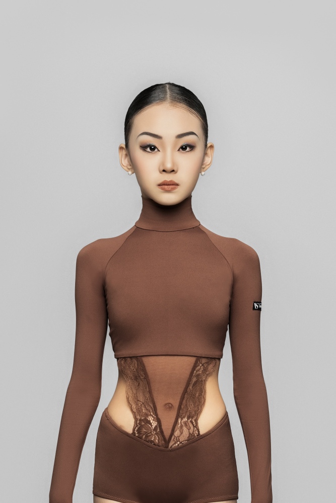 女童高领长袖蕾丝露腰连体衣（黑色）