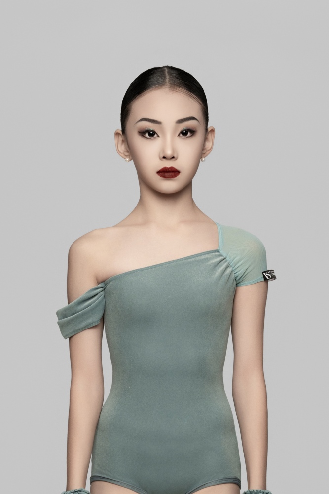 女童丝绒拼接纱网不规则无袖连体衣（绿色）