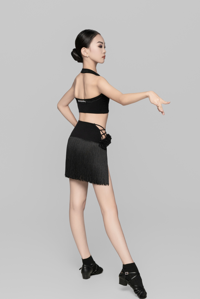 女童花朵交叉带流苏半身裙（咖灰色）