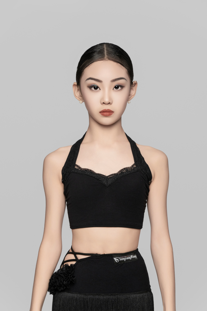 女童挂脖蕾丝可拆卸喇叭袖上衣（黑色）
