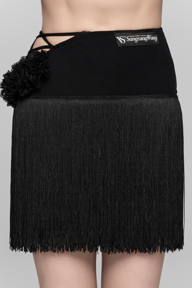 女童花朵交叉带流苏半身裙（咖灰色）