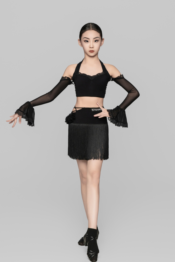 女童花朵交叉带流苏半身裙（咖灰色）