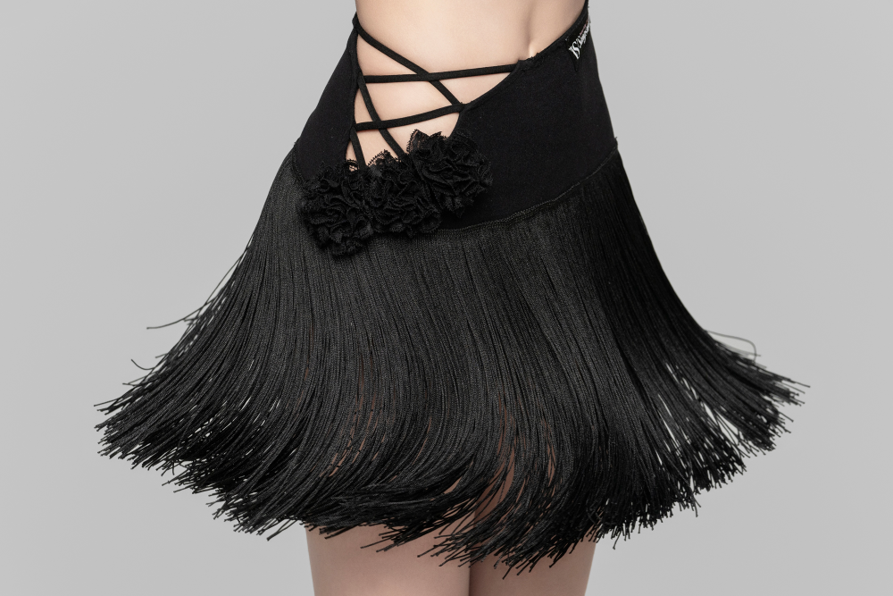 女童花朵交叉带流苏半身裙（咖灰色）