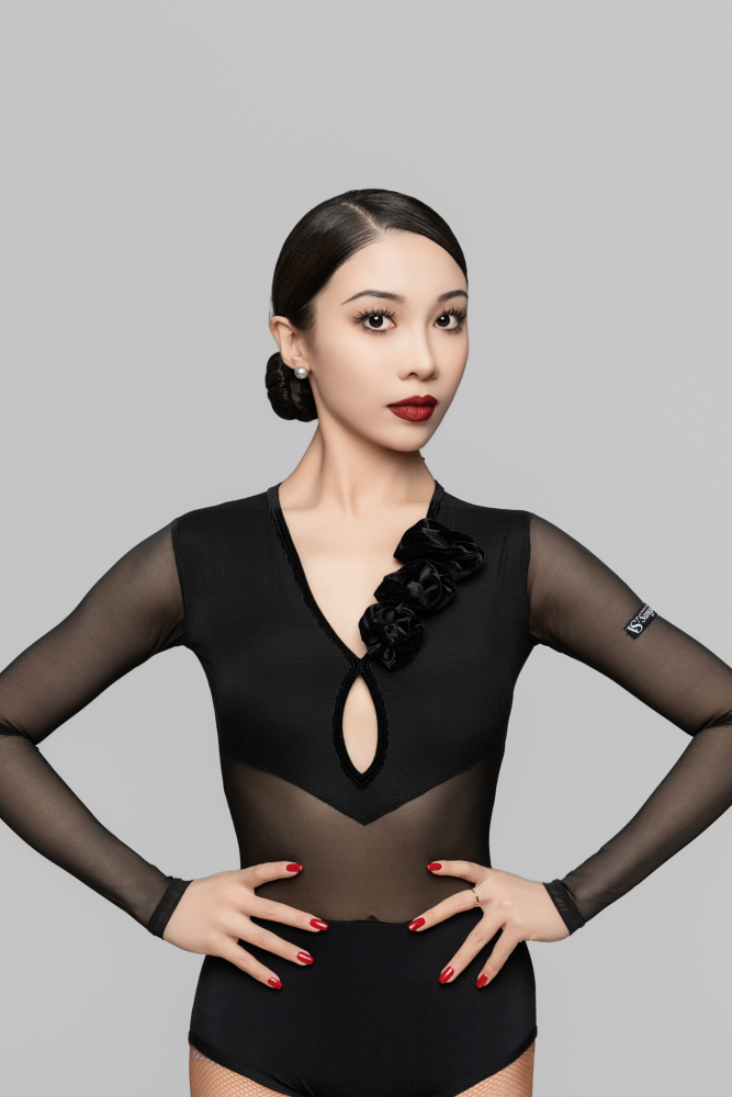 女士纱网v领超多花长袖连体衣（黑色）