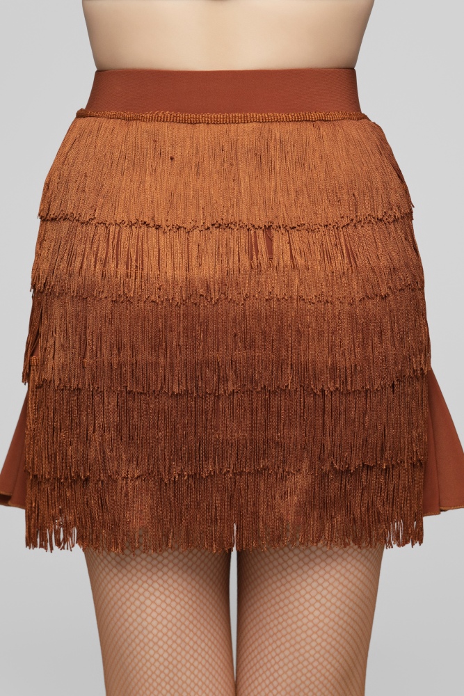 Tulle-Panel Mini Skirt with Wavy Fringe (Brick Red)