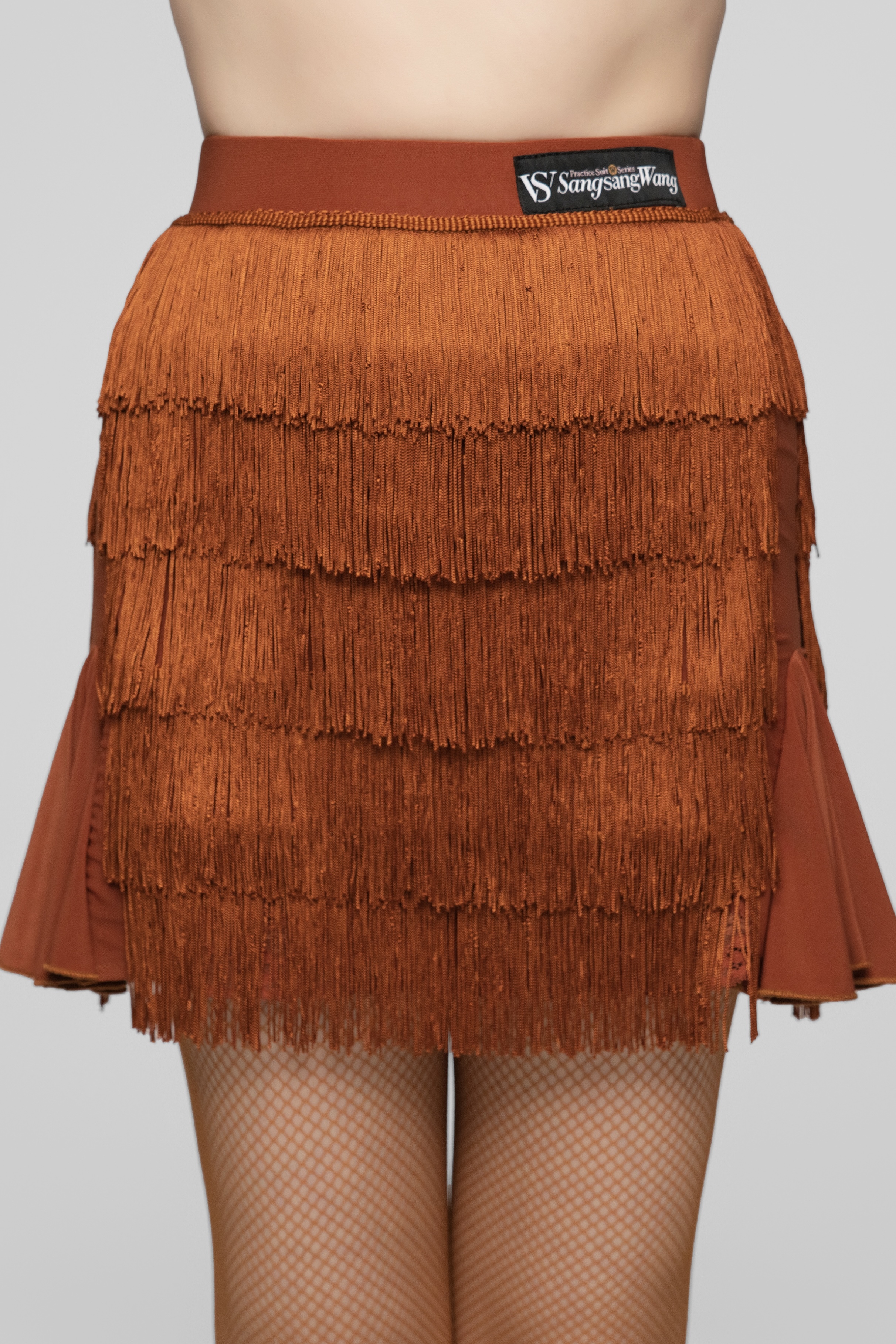 Tulle-Panel Mini Skirt with Wavy Fringe (Brick Red)