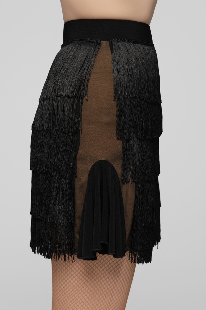 Tulle-Panel Mini Skirt with Wavy Fringe (Brick Red)