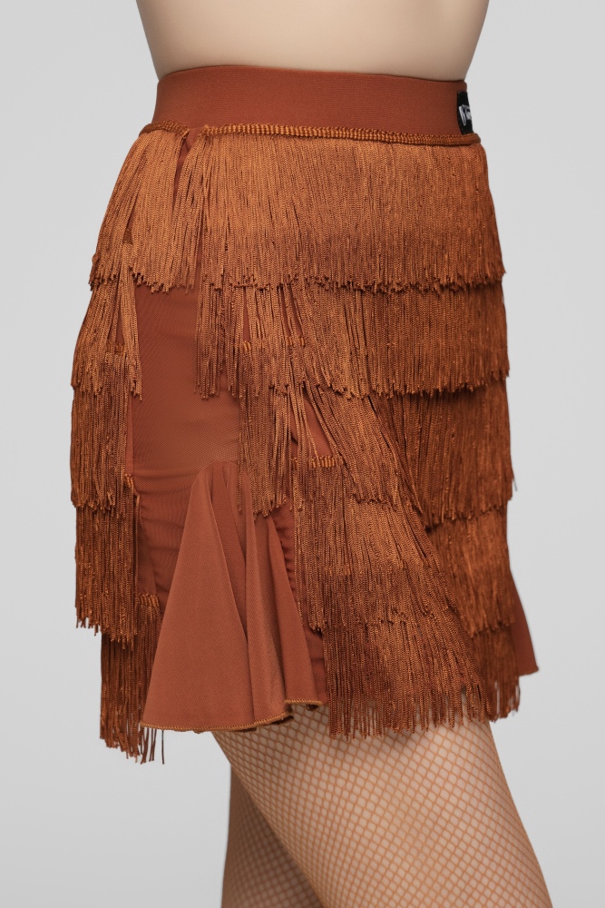 Tulle-Panel Mini Skirt with Wavy Fringe (Brick Red)