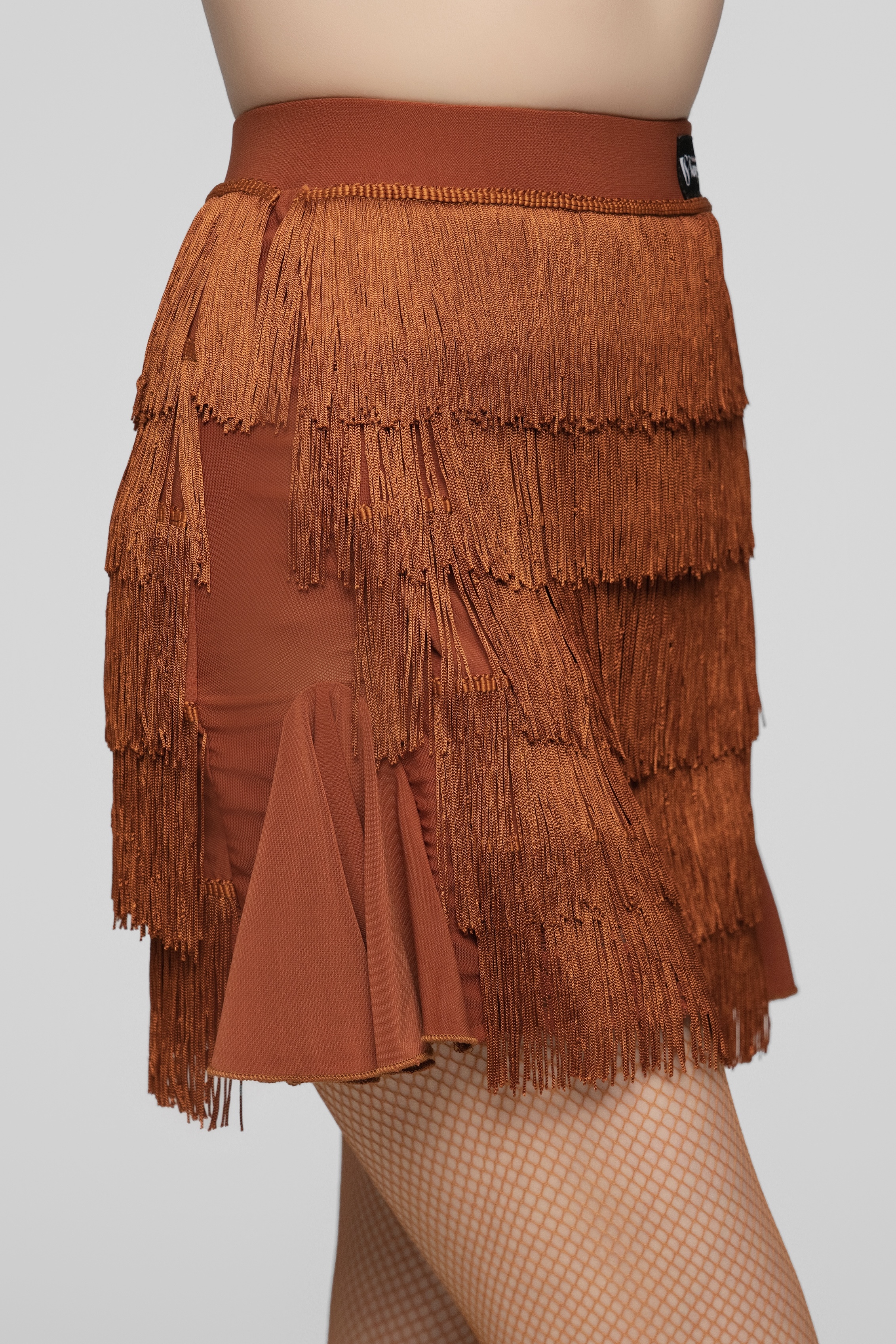Tulle-Panel Mini Skirt with Wavy Fringe (Brick Red)