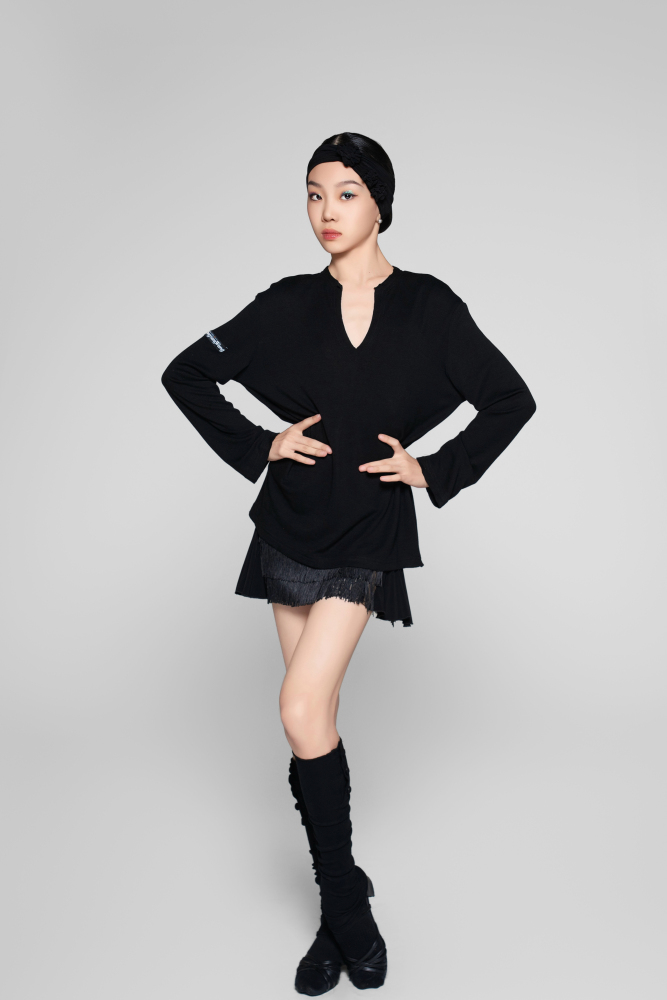Tulle-Panel Mini Skirt with Wavy Fringe (Brick Red)